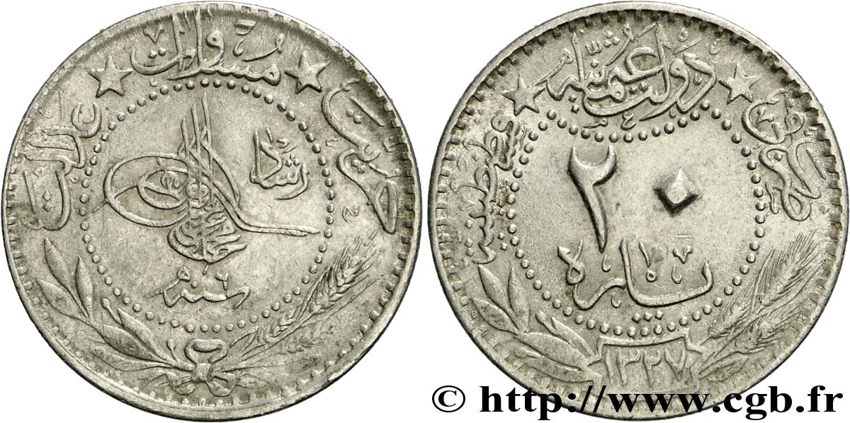 TURKEY 20 Para Muhammad V AH1327 / 6 1914 Constantinople XF 