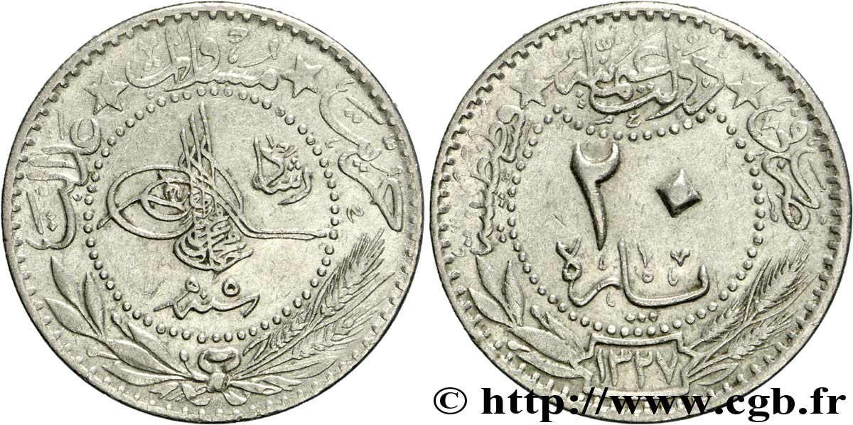 TURKEY 20 Para Muhammad V AH1327 / 5 1913 Constantinople XF 
