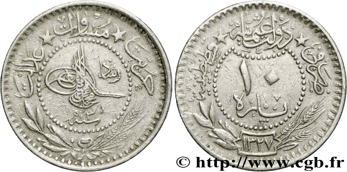 TURKEY 10 Para Muhammad V AH1327 / 3 1911 Constantinople XF 