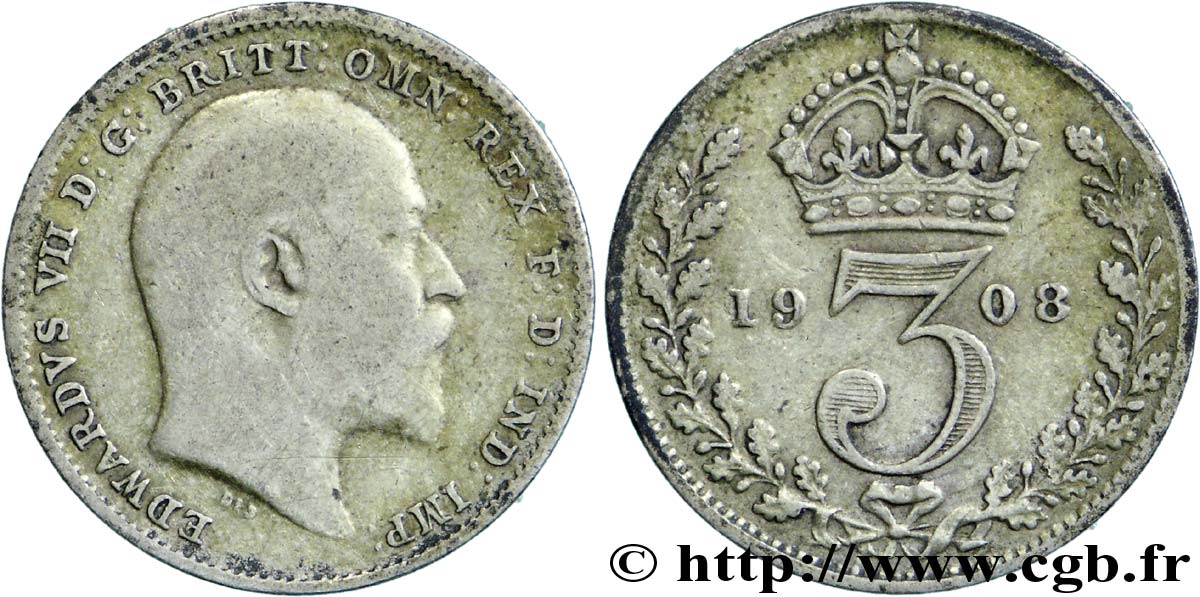 UNITED KINGDOM 3 Pence Édouard VII 1908  VF 