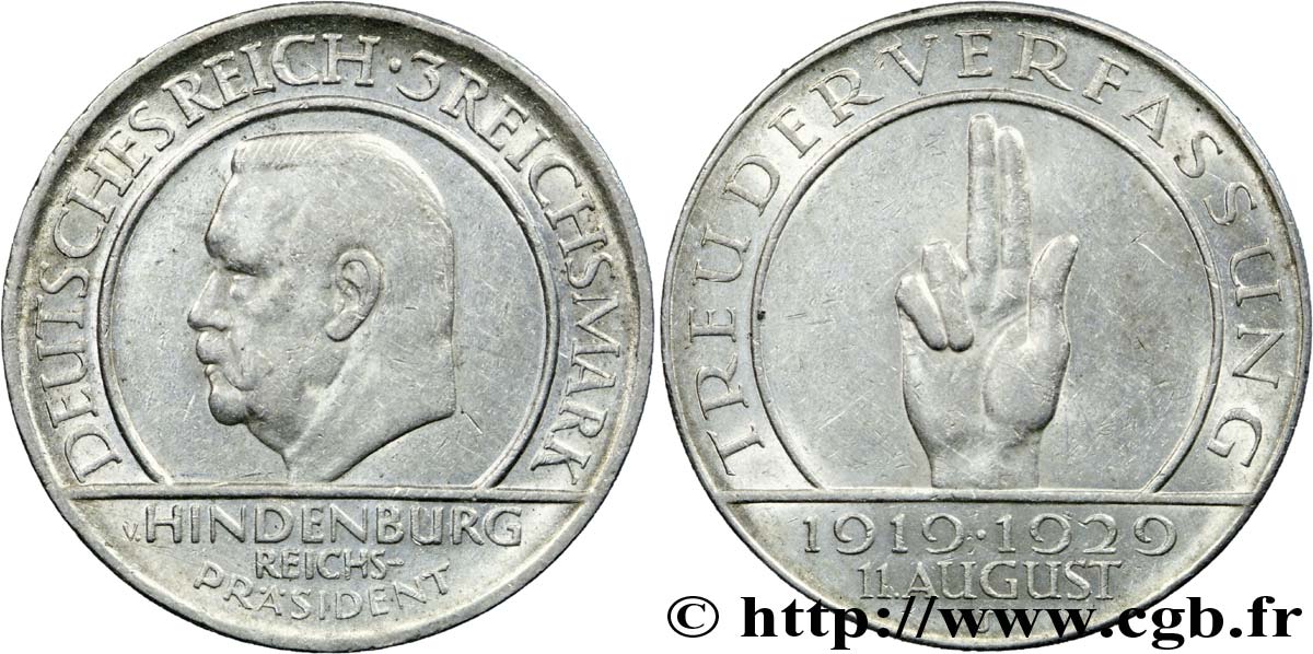 ALEMANIA 3 Mark Président Hindenburg - 10e anniversaire constitution de Weimar 1929 Hambourg - J MBC 
