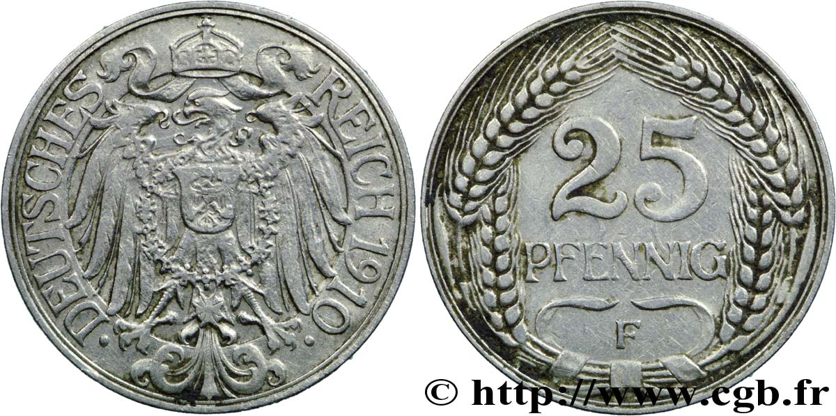 ALEMANIA 25 Pfennig Empire aigle impérial 1910 Stuttgart - F MBC+ 