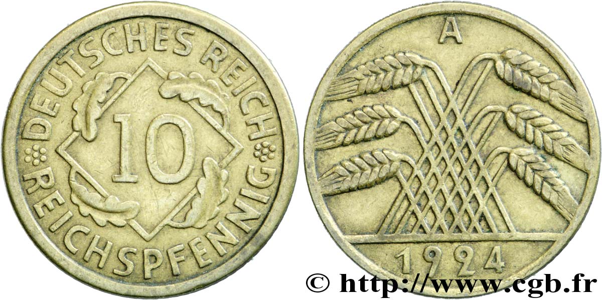 GERMANIA 10 Reichspfennig gerbe de blé 1924 Berlin q.BB 