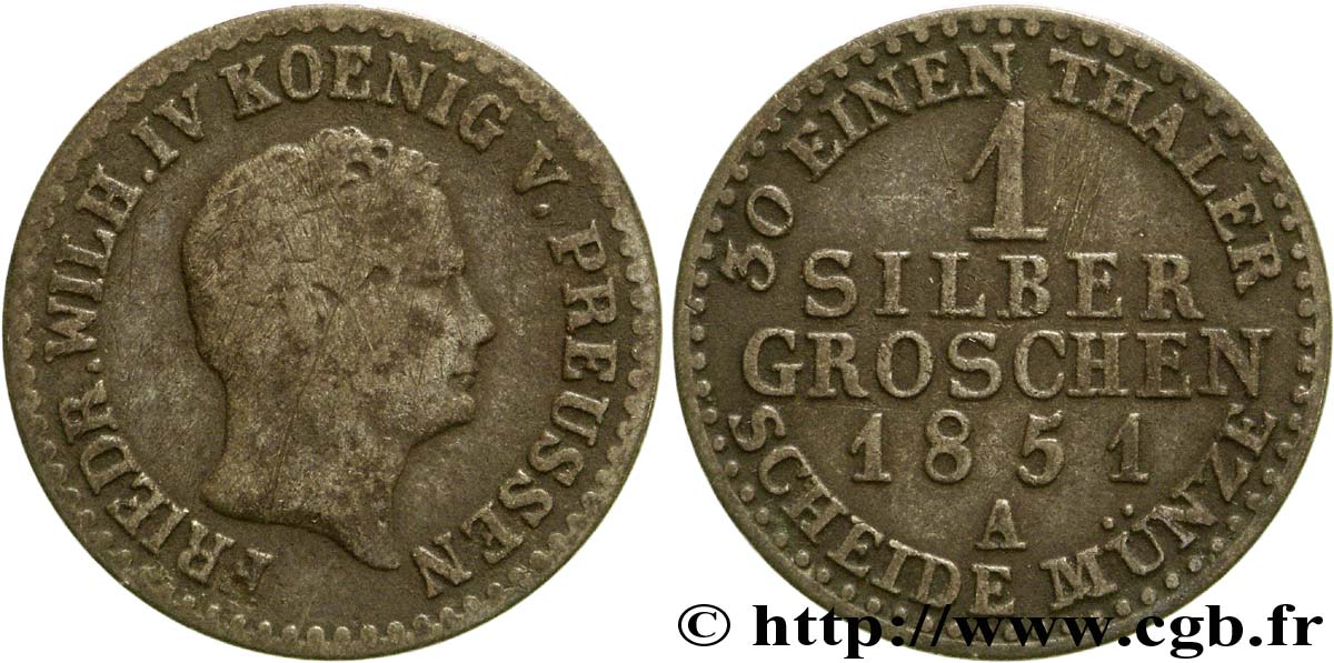 GERMANY - PRUSSIA 1 Silbergroschen Royaume de Prusse Frédéric Guillaume IV 1851 Berlin VG 