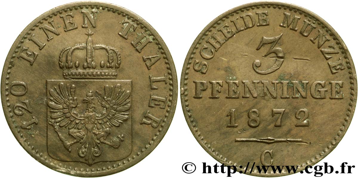 ALEMANIA - PRUSIA 3 Pfenninge Royaume de Prusse écu à l’aigle 1872 Francfort - C MBC+ 