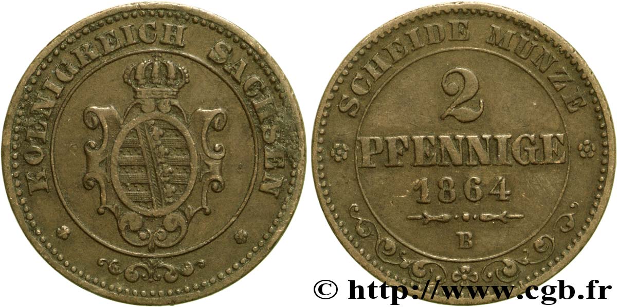 GERMANY - SAXONY 2 Pfennige Royaume de Saxe, blason 1864 Dresde XF 