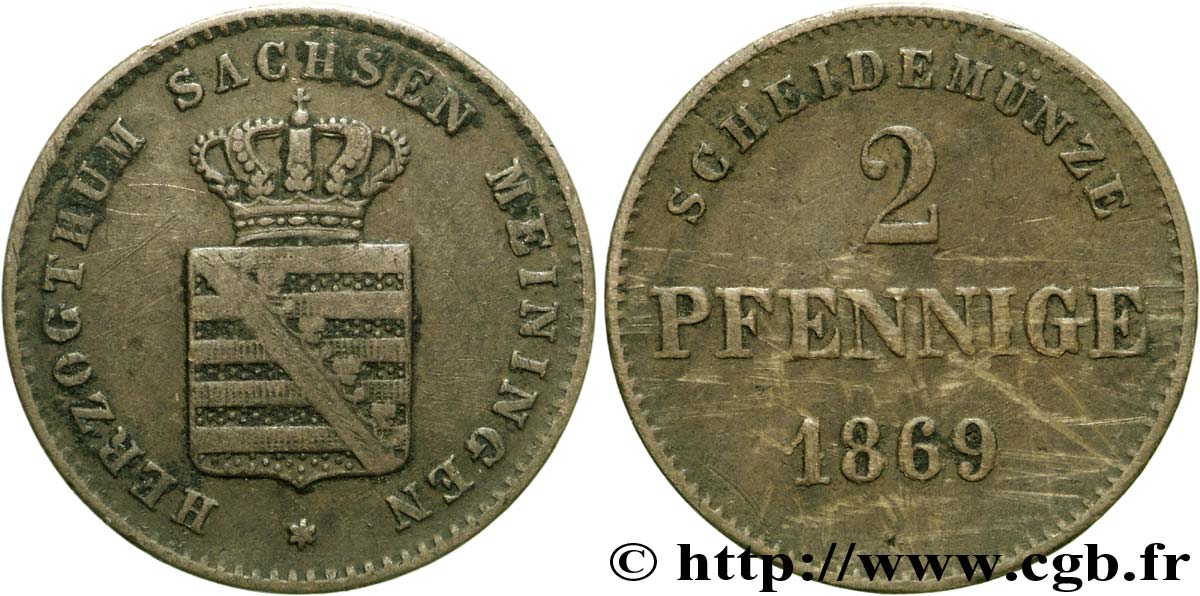 GERMANY - SAXONY-MEININGEN 2 Pfennige Duché de de Saxe-Meiningen, blason 1869  XF 