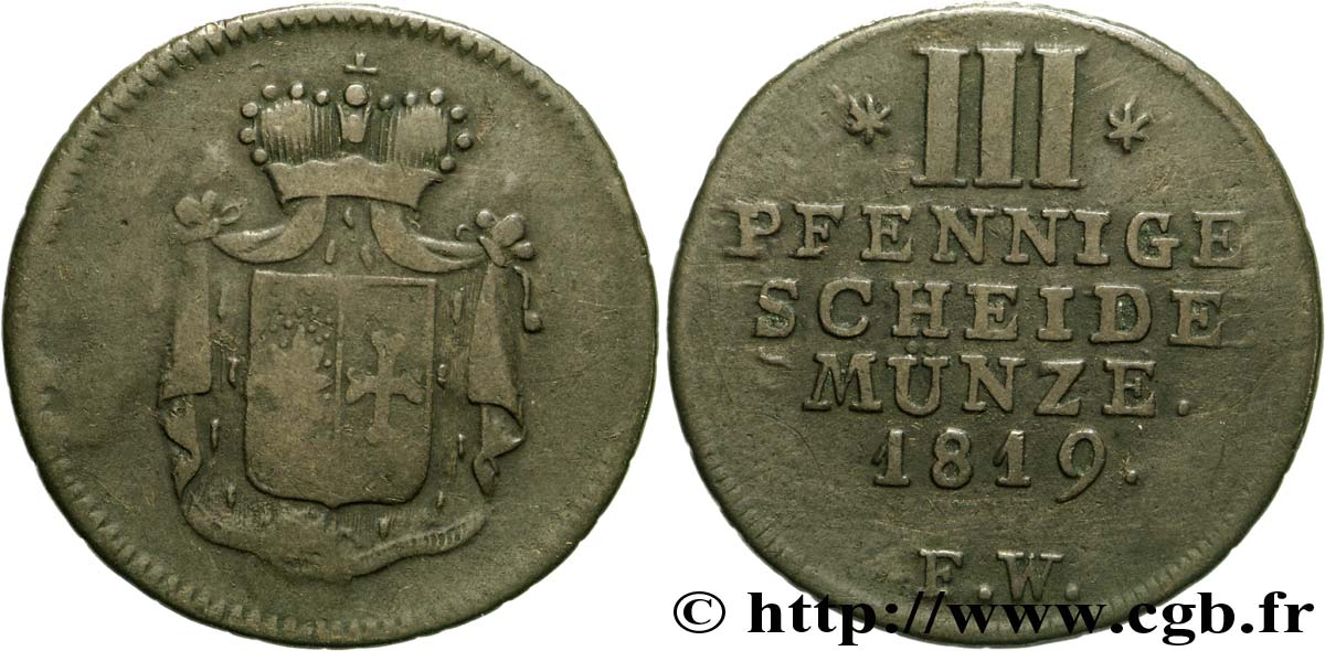 GERMANIA - WALDECK-PYRMONT 3 Pfenninge principauté de Waldeck-Pyrmont, écu couronné 1819  q.MB 