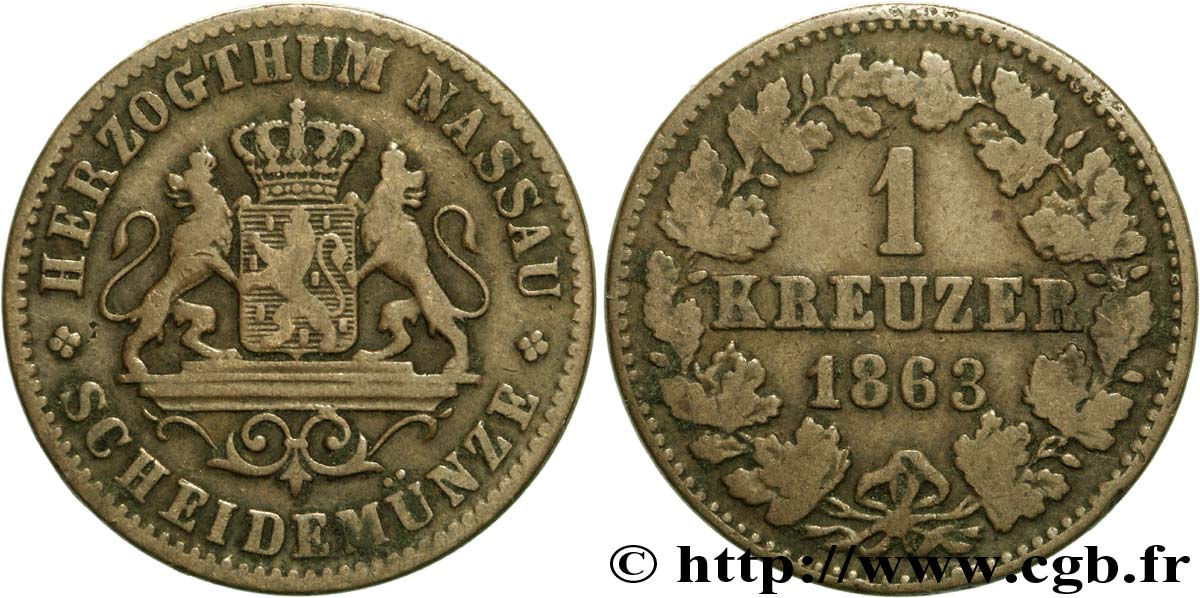 GERMANY - NASSAU 1 Kreuzer Grand-Duché de Nassau 1863  VF 
