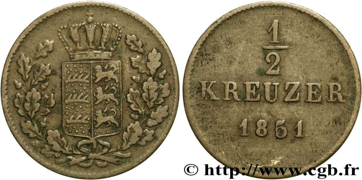 GERMANY - WÜRTTEMBERG 1/2 Kreuzer Royaume du Würtemberg 1851 Stuttgart XF 