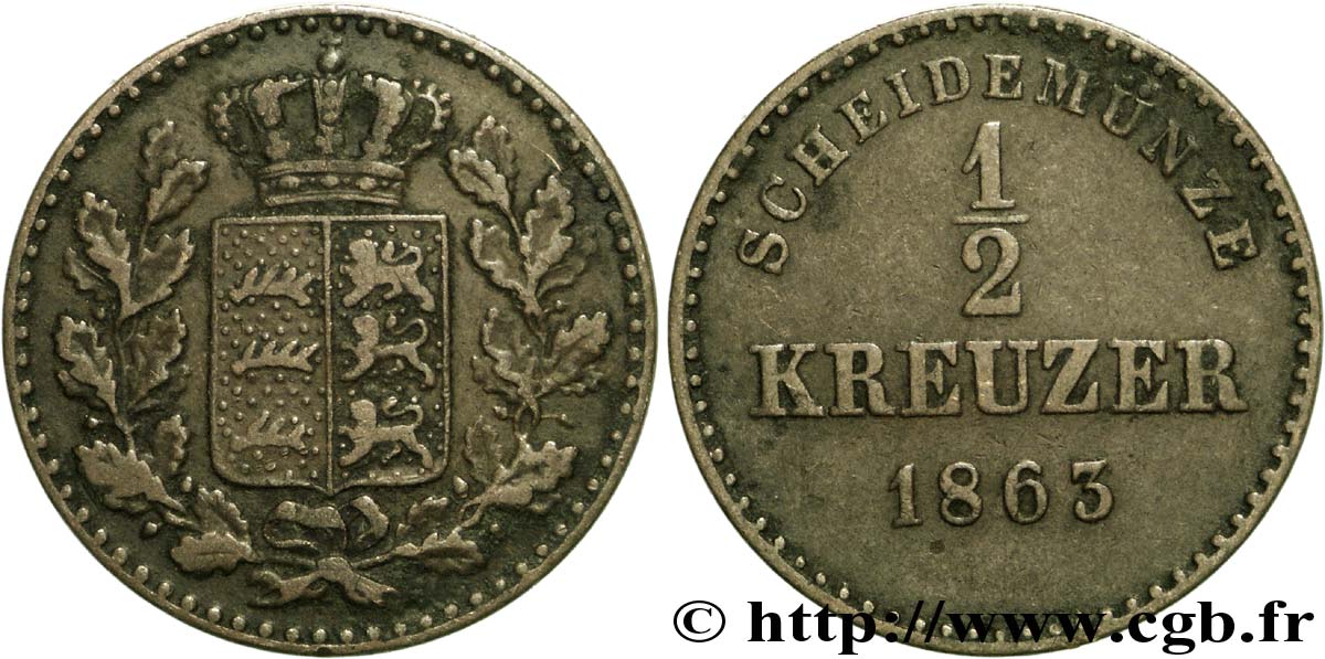 GERMANY - WÜRTTEMBERG 1/2 Kreuzer Royaume du Würtemberg 1863 Stuttgart XF 