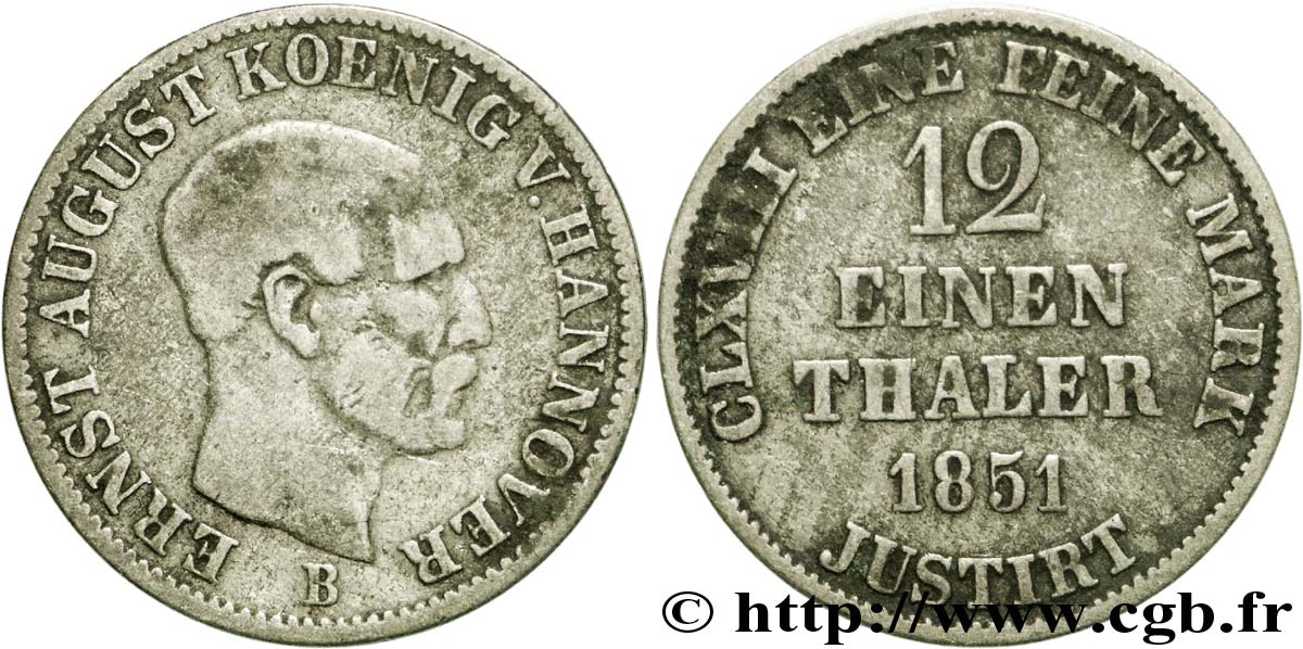GERMANY - HANOVER 1/12 Thaler Ernest-Auguste roi de Hanovre  1851  F 