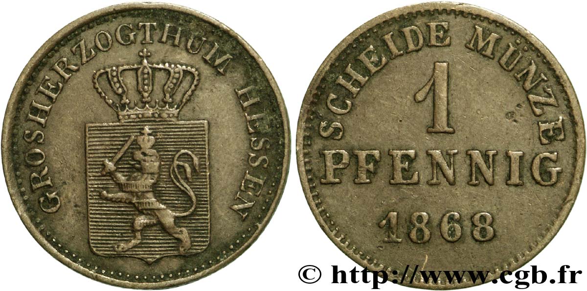 GERMANY - HESSE 1 Pfennig Hesse-Darmstadt 1868  XF 