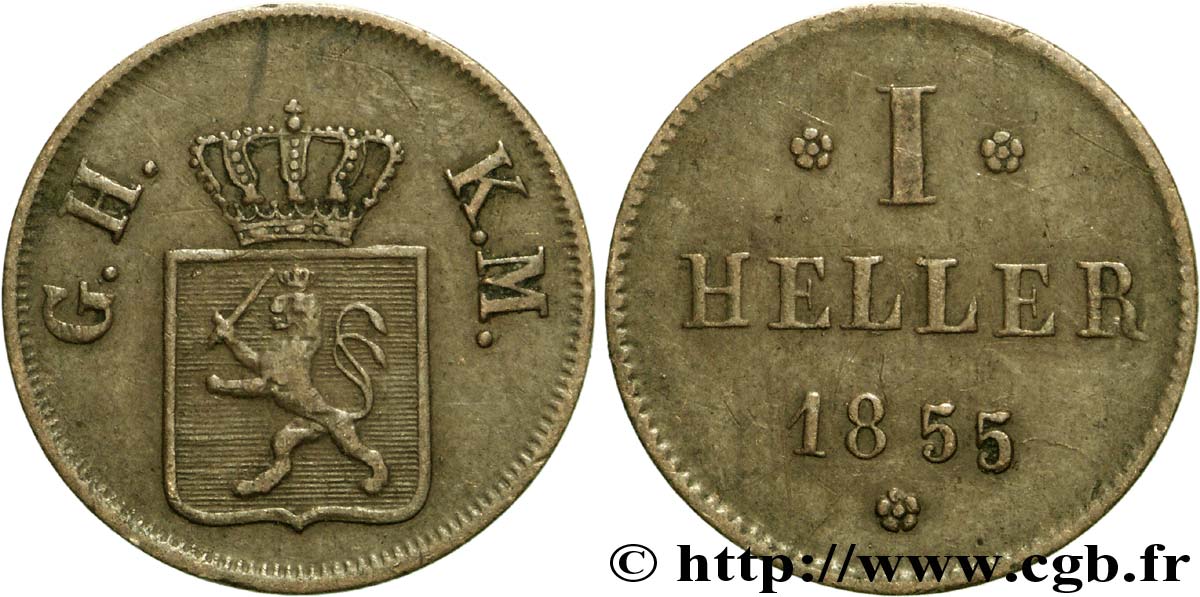 GERMANY - HESSE 1 Heller Hesse-Darmstadt 1855  XF 