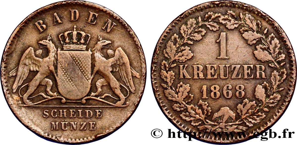 GERMANY - BADEN 1 Kreuzer Grand-Duché de Bade 1868  XF 