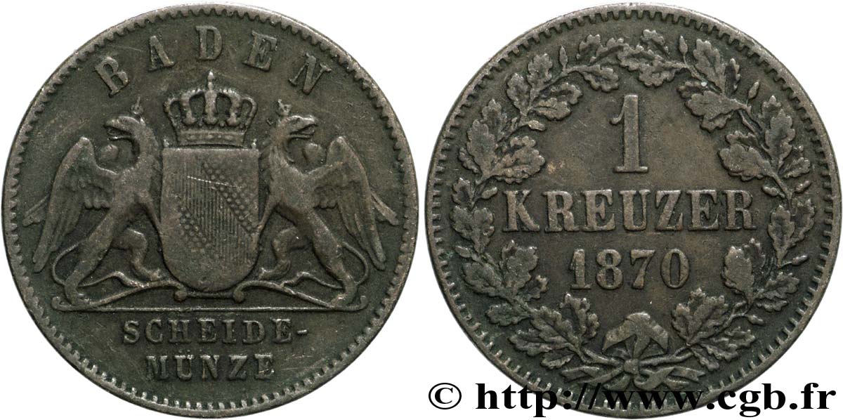 GERMANY - BADEN 1 Kreuzer Grand-Duché de Bade 1870  XF 