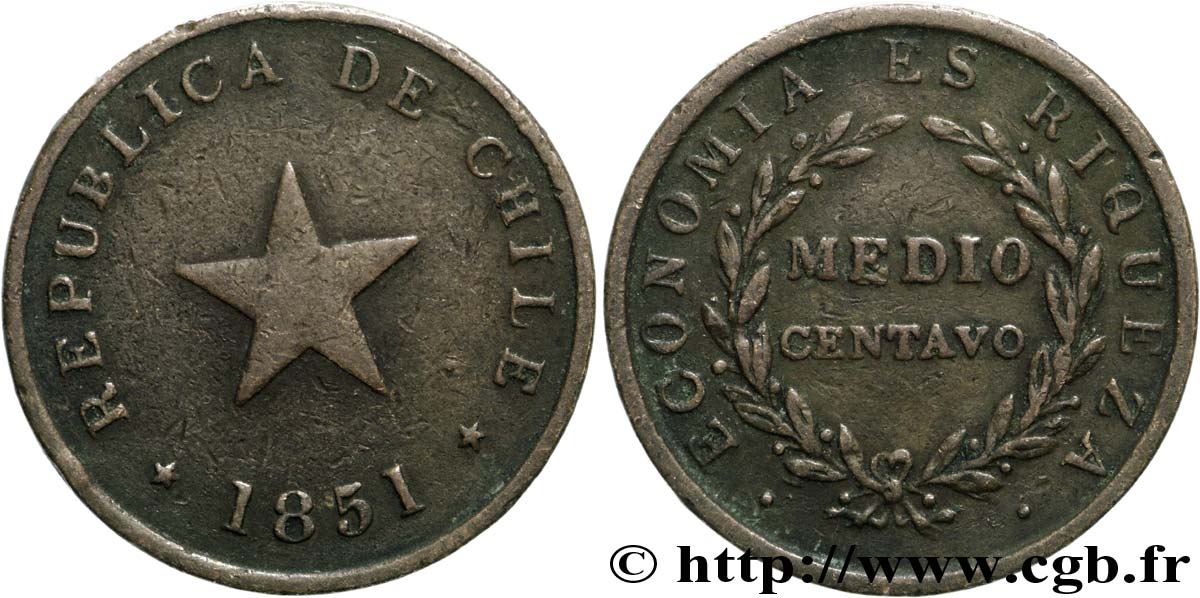 CHILE
 Medio (1/2) centavo, tranche épaisse 1851  BC 