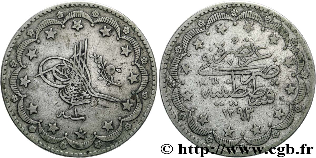 TURCHIA 20 Kurush au nom de Abdul Hamid II an 1293 1876 Constantinople q.BB 