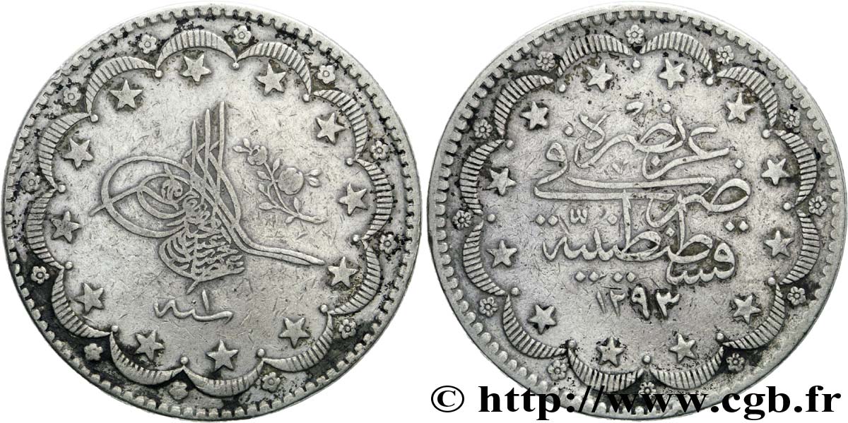 TURKEY 20 Kurush au nom de Abdul Hamid II an 1293 1876 Constantinople VF 