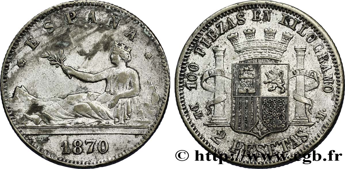 ESPAÑA Fausse 2 Pesetas type España contrefaçon avec reste d’argenture 1870 Madrid BC 
