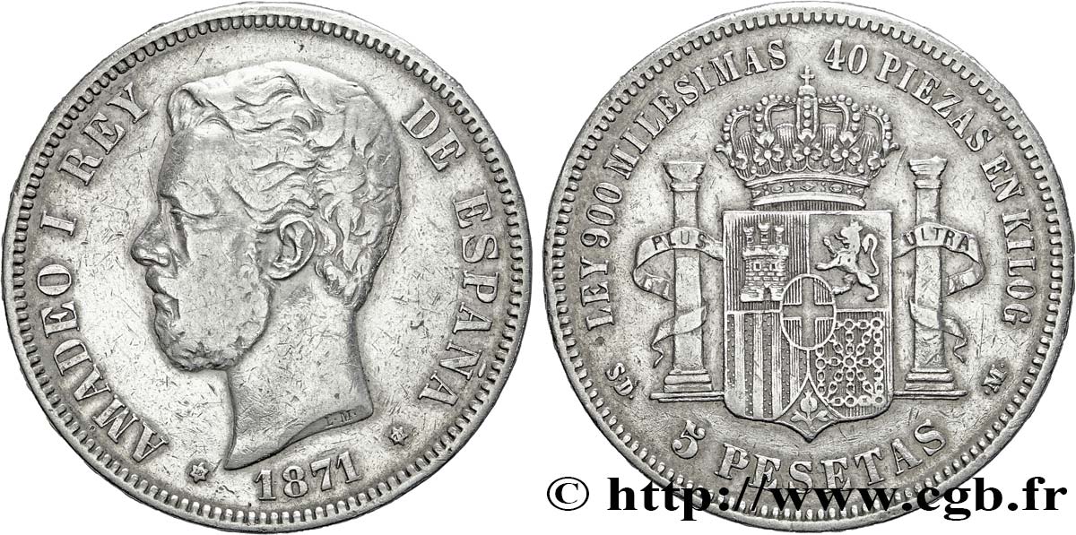 SPAIN 5 Pesetas Amédée Ier 1871  VF 