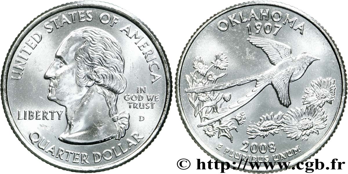 UNITED STATES OF AMERICA 1/4 Dollar Oklahoma : oiseau (tyran à longue queue) et flore (gaillardes) 2008 Denver MS 