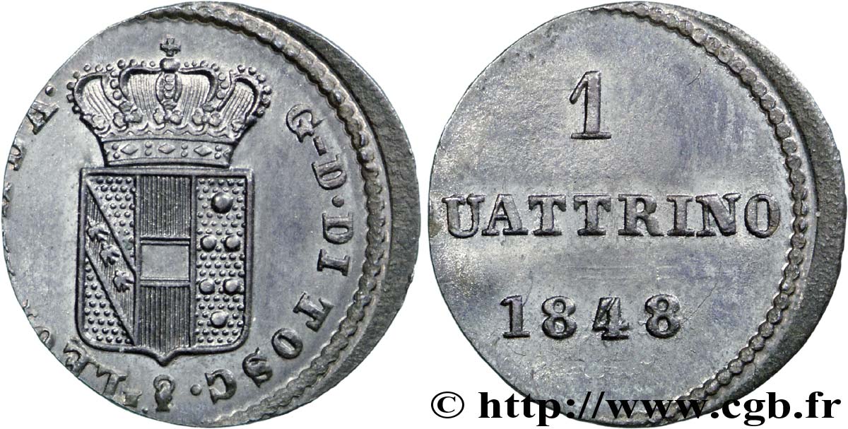 ITALY - TUSCANY 1 Quattrino Grand Duché de Toscane, frappe décalée 1848 Florence MS 