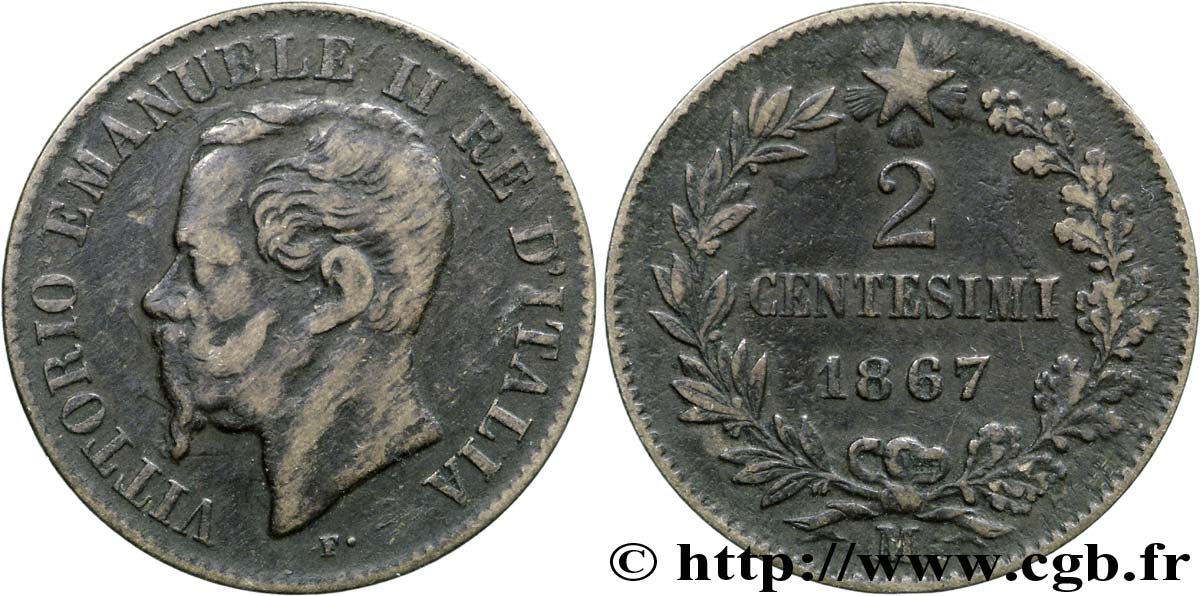 ITALIA 2 Centesimi Victor Emmanuel II 1867 Milan - M BC+ 