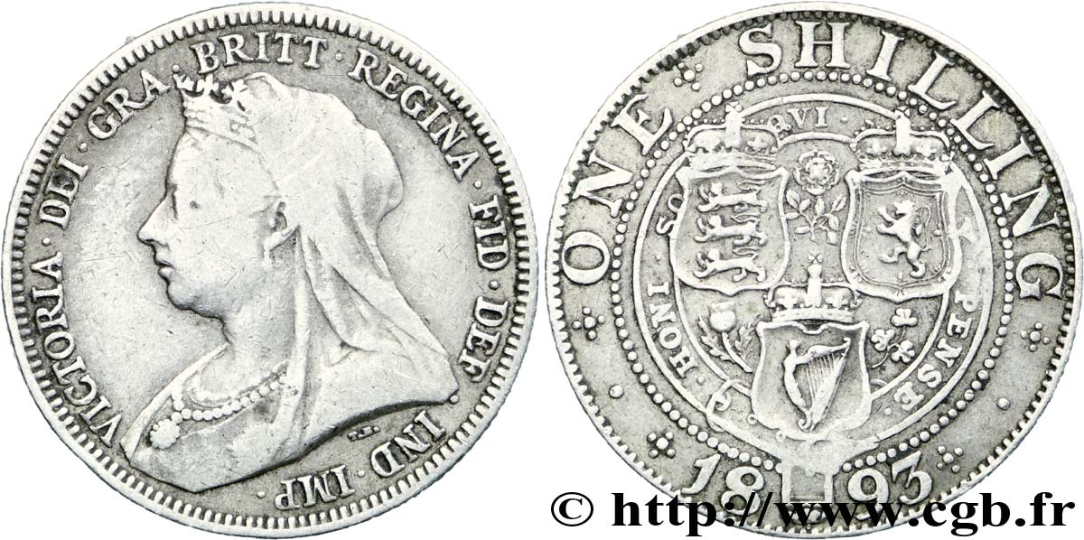 UNITED KINGDOM 1 Shilling Victoria vieille tête  1893  VF 