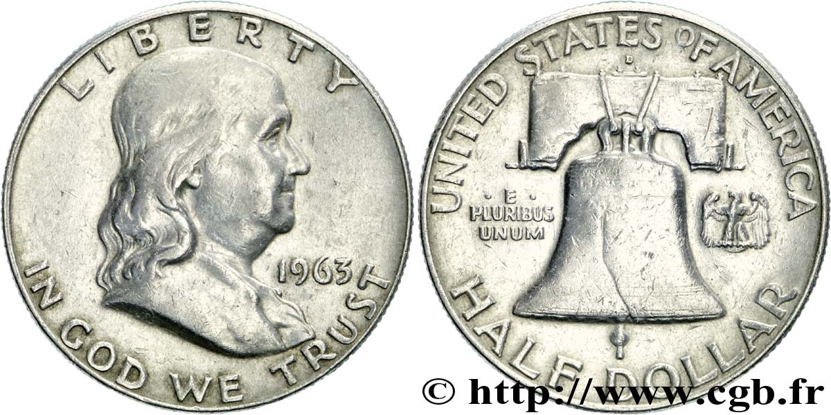 ÉTATS-UNIS D AMÉRIQUE 1/2 Dollar Benjamin Franklin 1963 Denver TB+ 