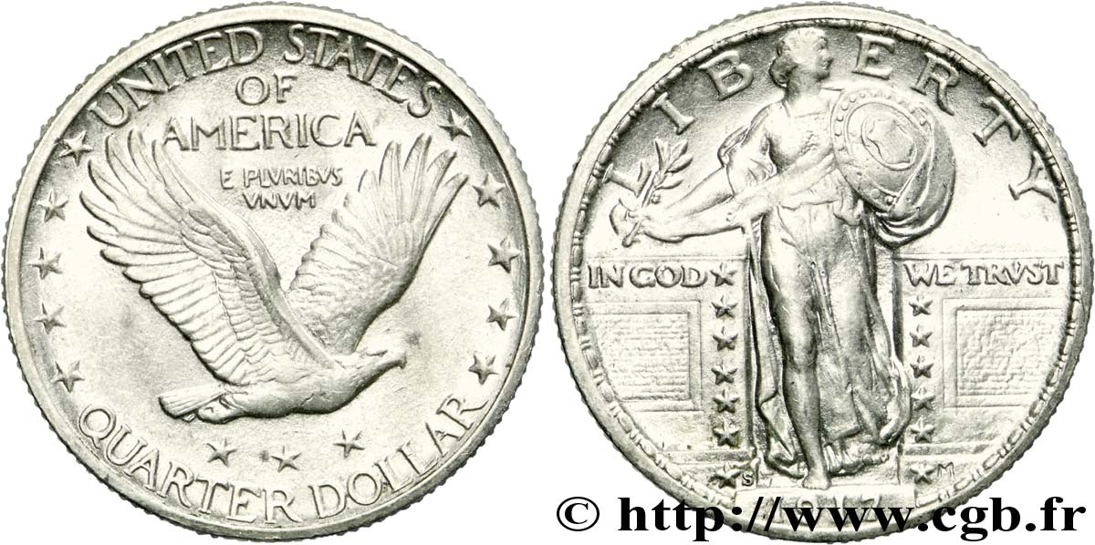 STATI UNITI D AMERICA 1/4 Dollar Liberté debout / aigle variété 2 avec 3 étoiles sous l’aigle 1917 San Francisco - S MS 
