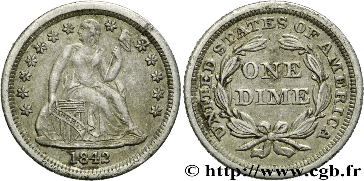 UNITED STATES OF AMERICA 1 Dime (10 Cents) Liberté assise 1842 Philadelphie XF 