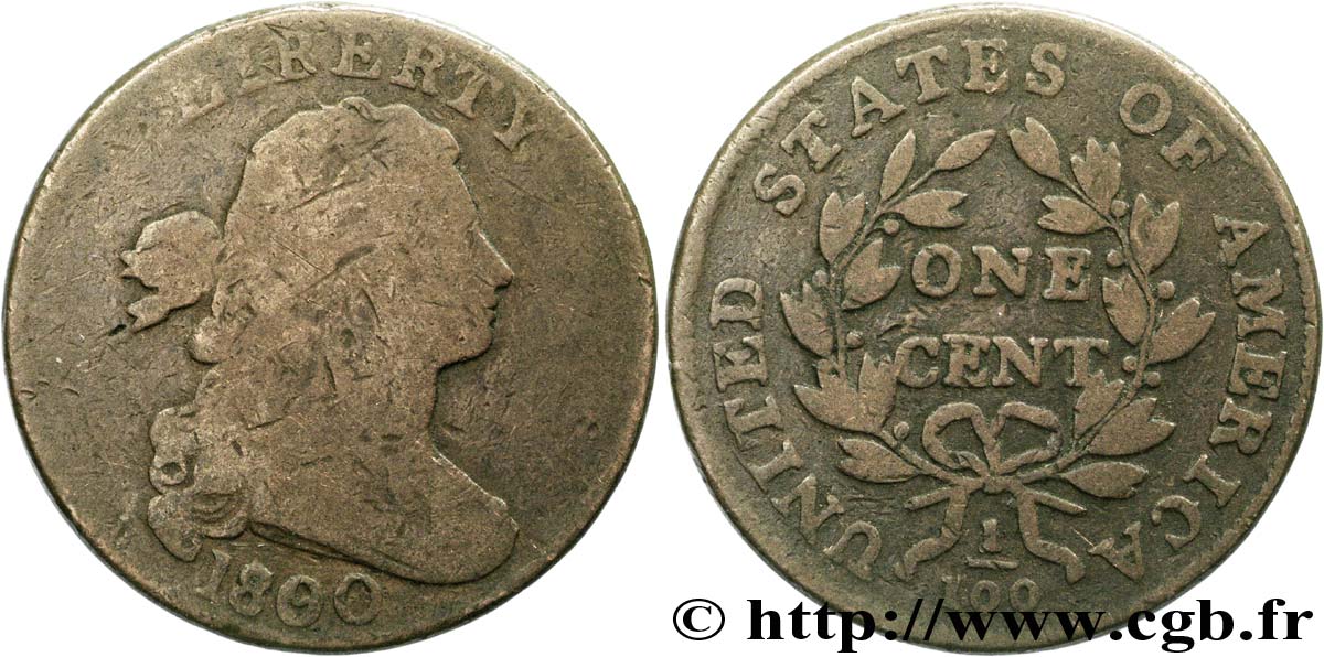 UNITED STATES OF AMERICA 1 Cent type au buste drapé variété surfrappe 80/79 1800 Philadelphie VG 