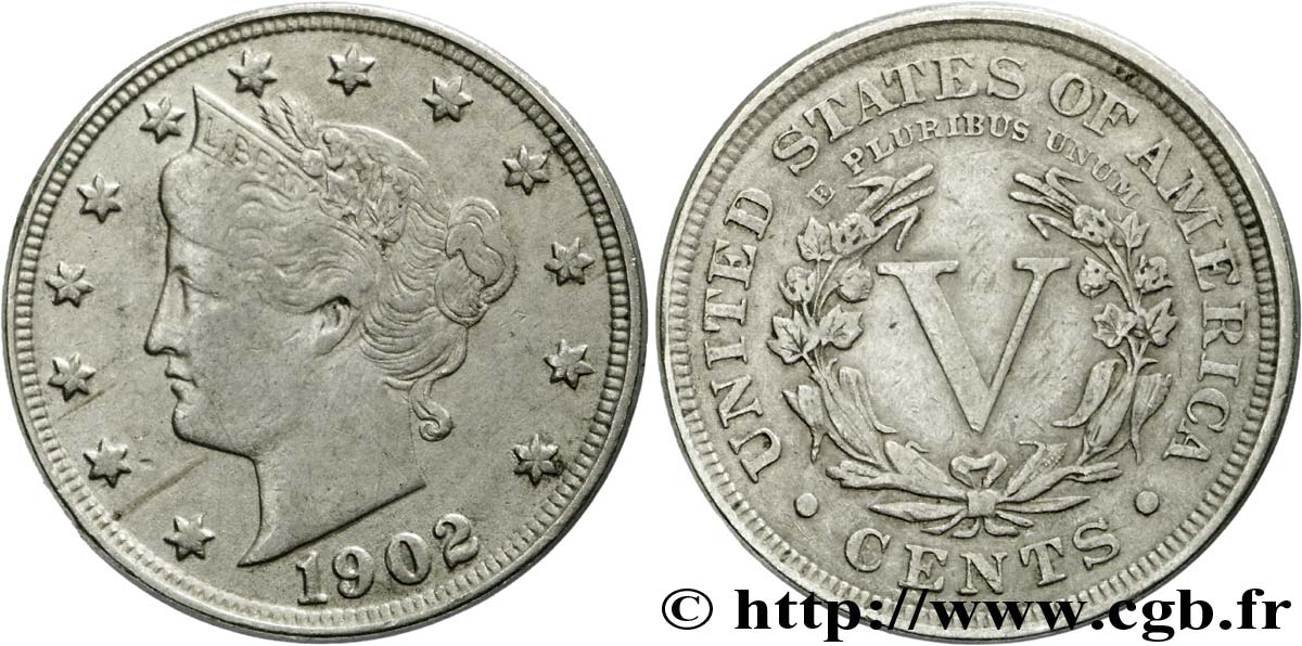 ÉTATS-UNIS D AMÉRIQUE 5 Cents Liberty Nickel 1902 Philadelphie TB+ 