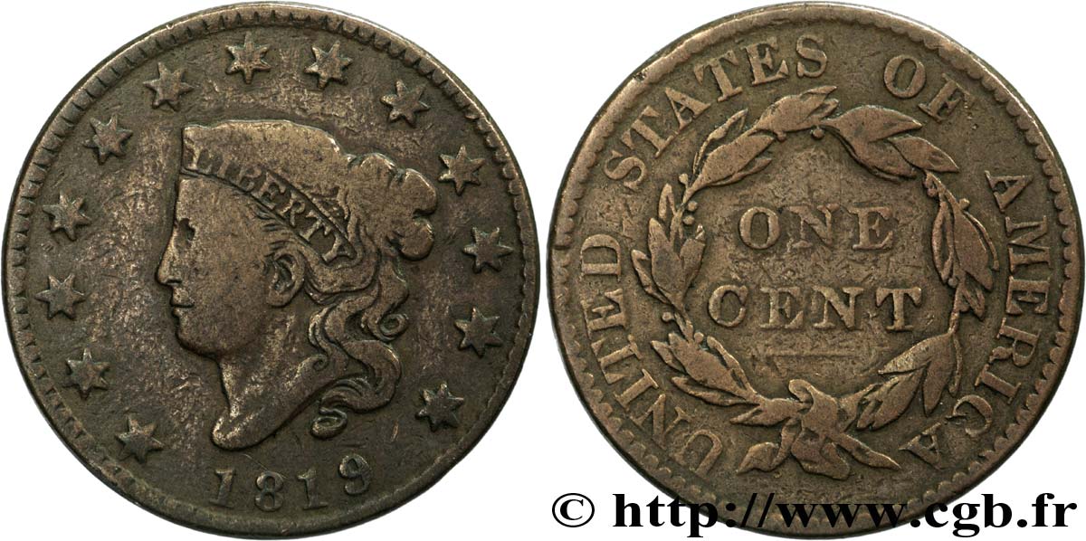 STATI UNITI D AMERICA 1 Cent “Matron Head” variété à petite date 1819 Philadelphie MB 