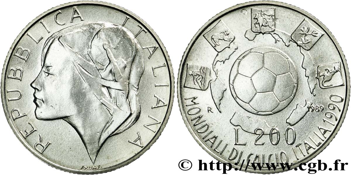 ITALY 200 Lire Coupe du Monde de Football 1990 - 1ère émission 1989 Rome - R MS 