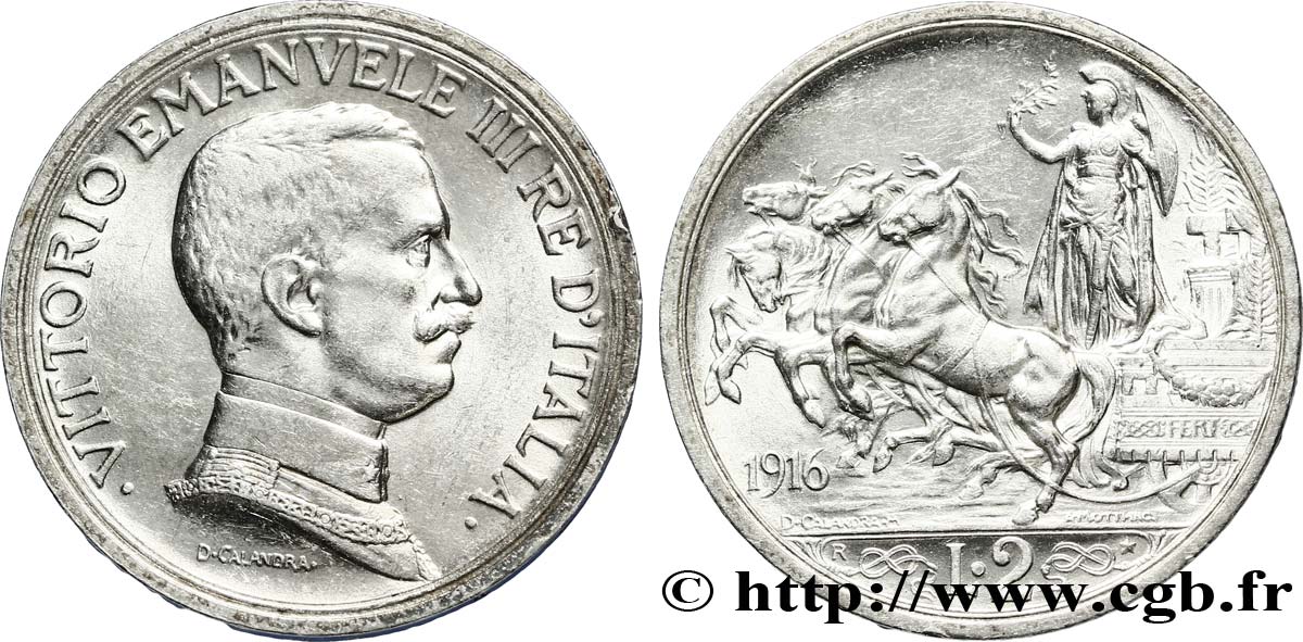 ITALY 2 Lire Victor Emmanuel III / quadrige 1916 Rome - R MS 