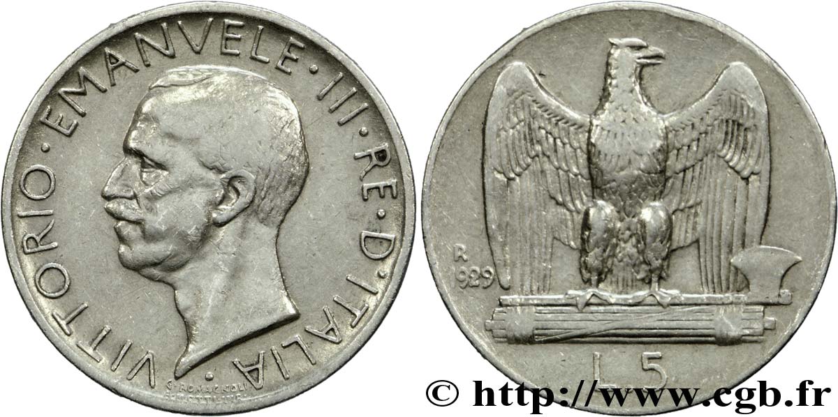 ITALIA 5 Lire Victor Emmanuel III 1929 Rome - R BB 