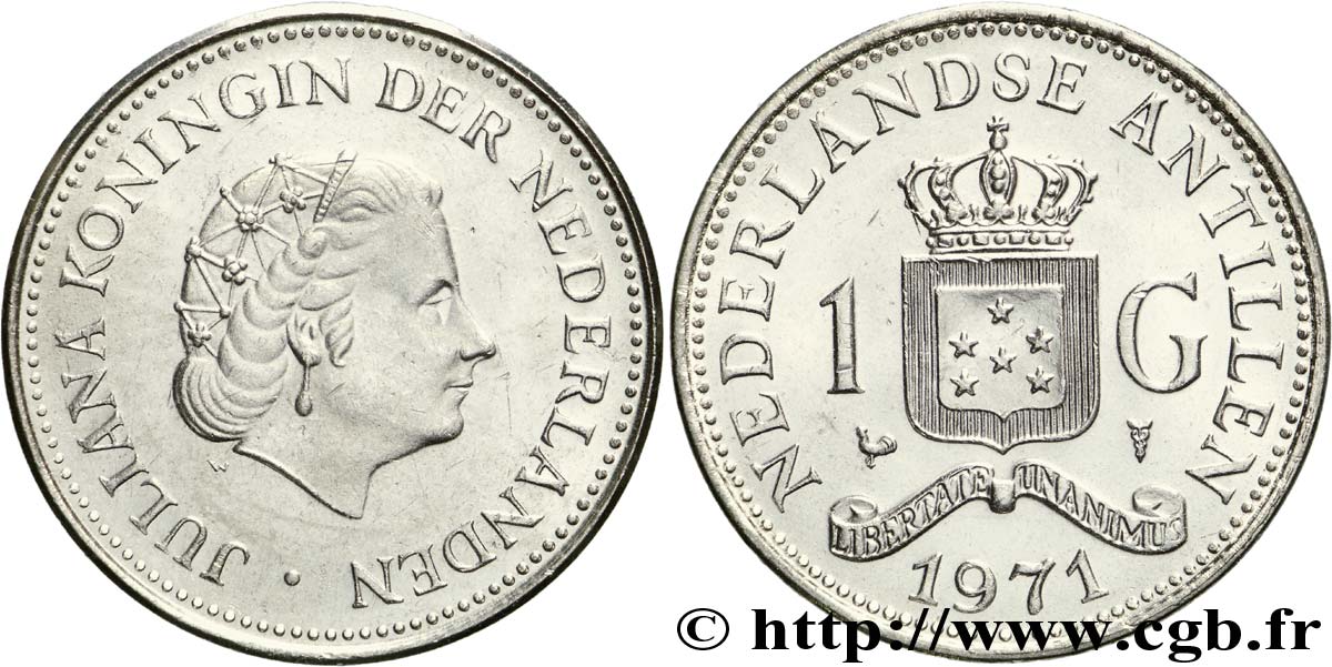 NETHERLANDS ANTILLES 1 Gulden reine Juliana / emblème type tranche A 1971 Utrecht MS 