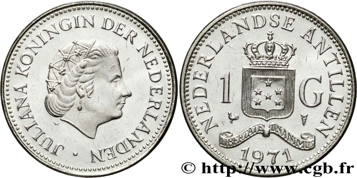 NETHERLANDS ANTILLES 1 Gulden reine Juliana / emblème type tranche B 1971 Utrecht MS 