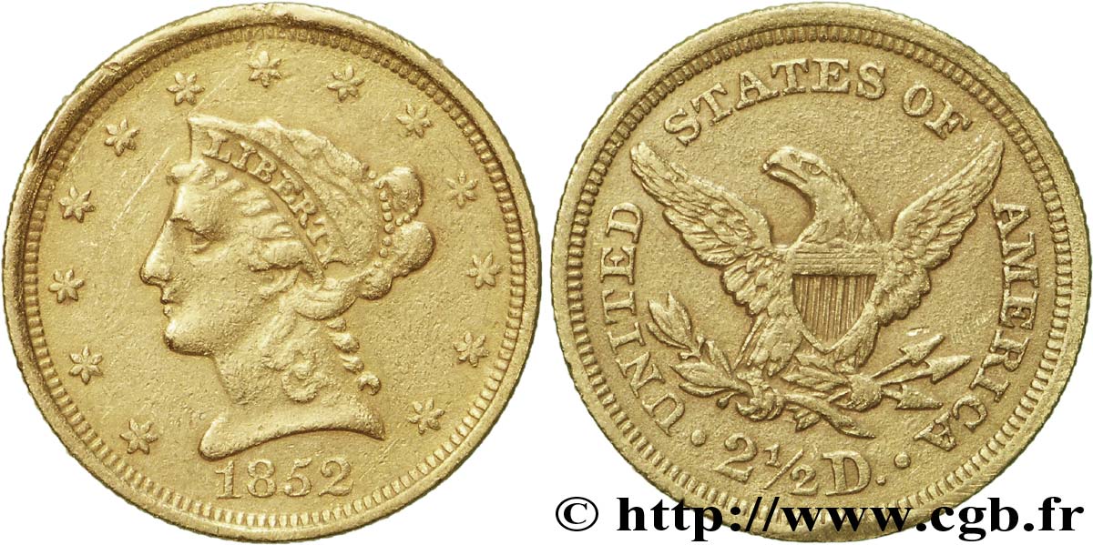 UNITED STATES OF AMERICA 2 1/2 Dollars or (Quarter Eagle) type “Liberty Head” 1852 Philadelphie XF 