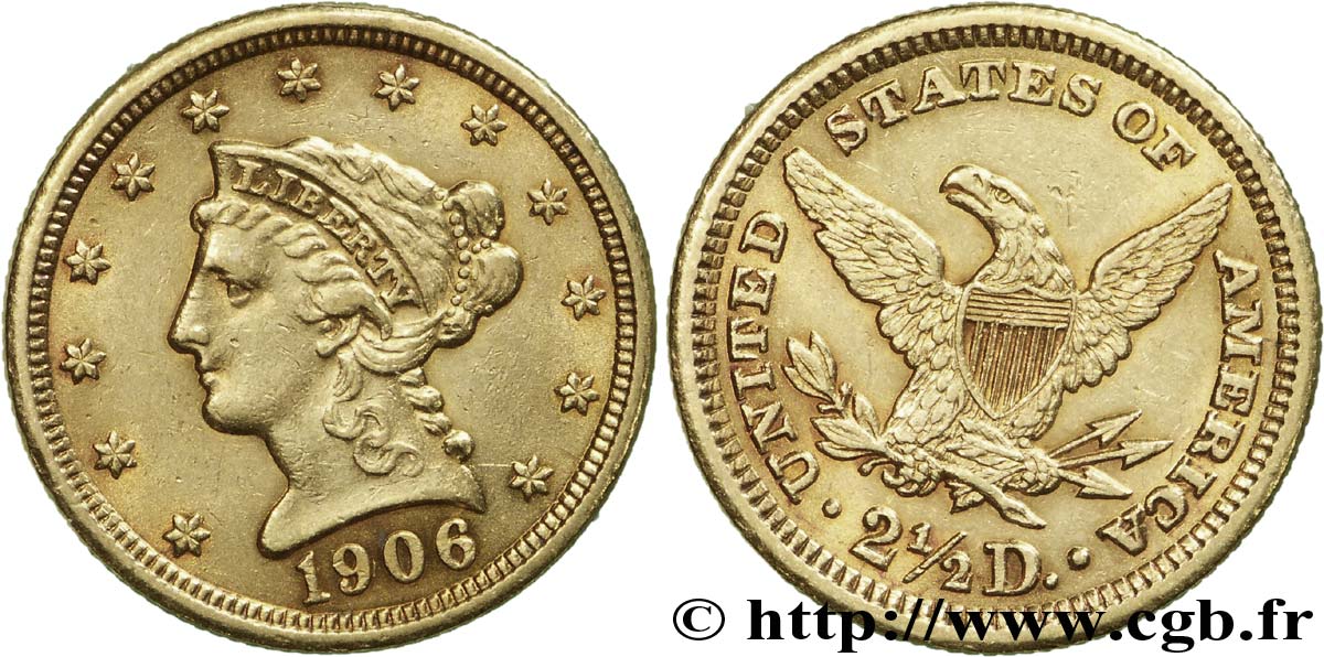 ÉTATS-UNIS D AMÉRIQUE 2 1/2 Dollars or (Quarter Eagle) type “Liberty Head” 1906 Philadelphie TTB+ 