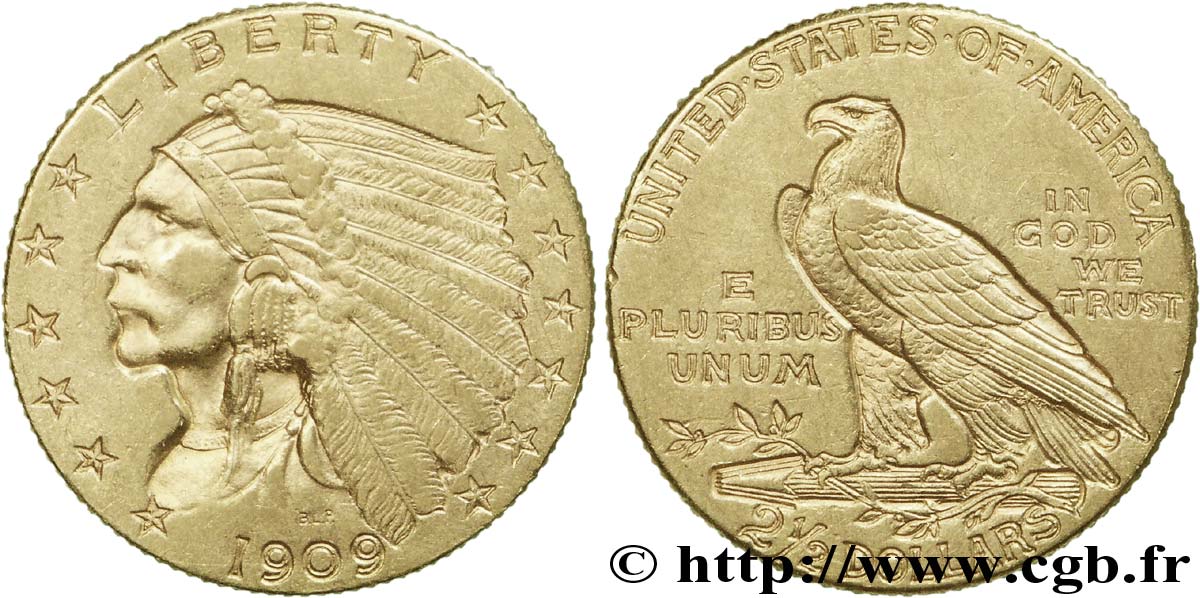 UNITED STATES OF AMERICA 2 1/2 Dollars or (Quarter Eagle) type “tête d’indien”  1909 Philadelphie AU 