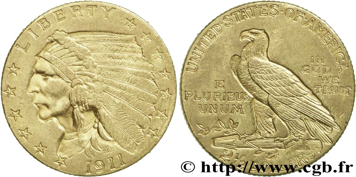 UNITED STATES OF AMERICA 2 1/2 Dollars or (Quarter Eagle) type “tête d’indien”  1911 Philadelphie AU 