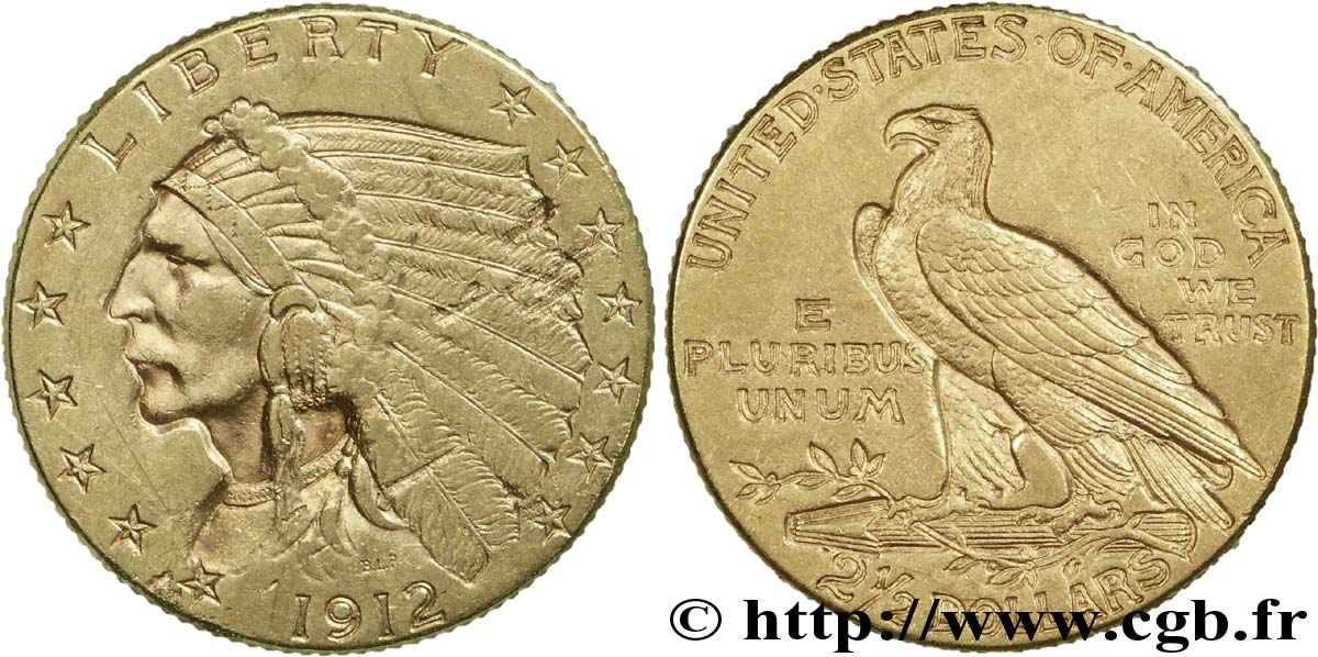 ÉTATS-UNIS D AMÉRIQUE 2 1/2 Dollars or (Quarter Eagle) type “tête d’indien”  1912 Philadelphie TTB+ 