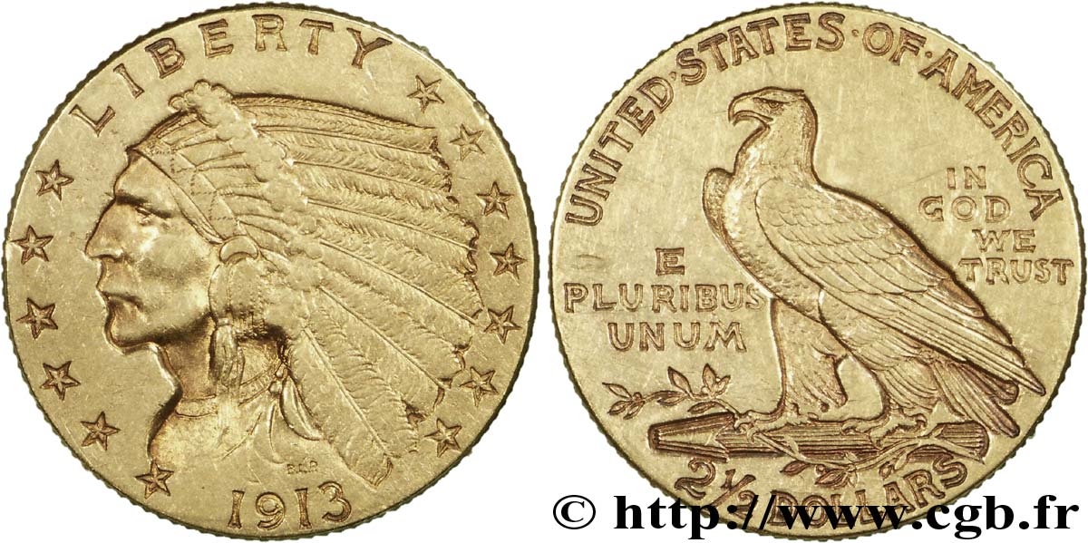 VEREINIGTE STAATEN VON AMERIKA 2 1/2 Dollars or (Quarter Eagle) type “tête d’indien”  1913 Philadelphie VZ 
