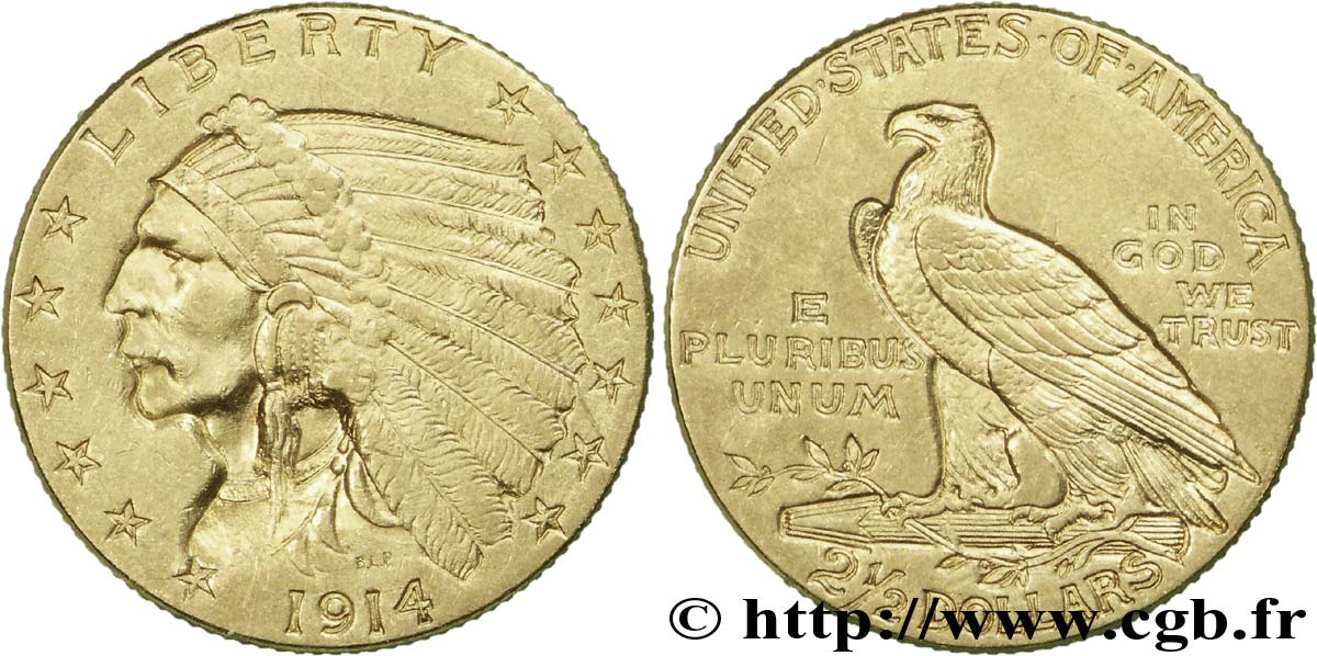 ÉTATS-UNIS D AMÉRIQUE 2 1/2 Dollars or (Quarter Eagle) type “tête d’indien”  1914 Philadelphie SUP 