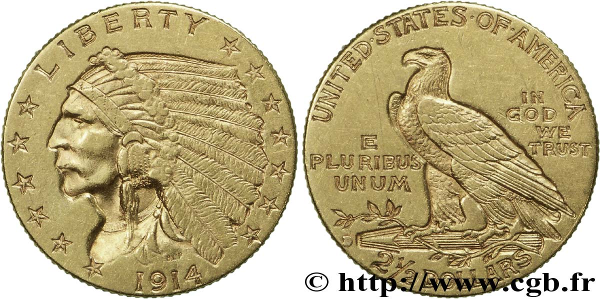 ÉTATS-UNIS D AMÉRIQUE 2 1/2 Dollars or (Quarter Eagle) type “tête d’indien”  1914 Denver SUP 