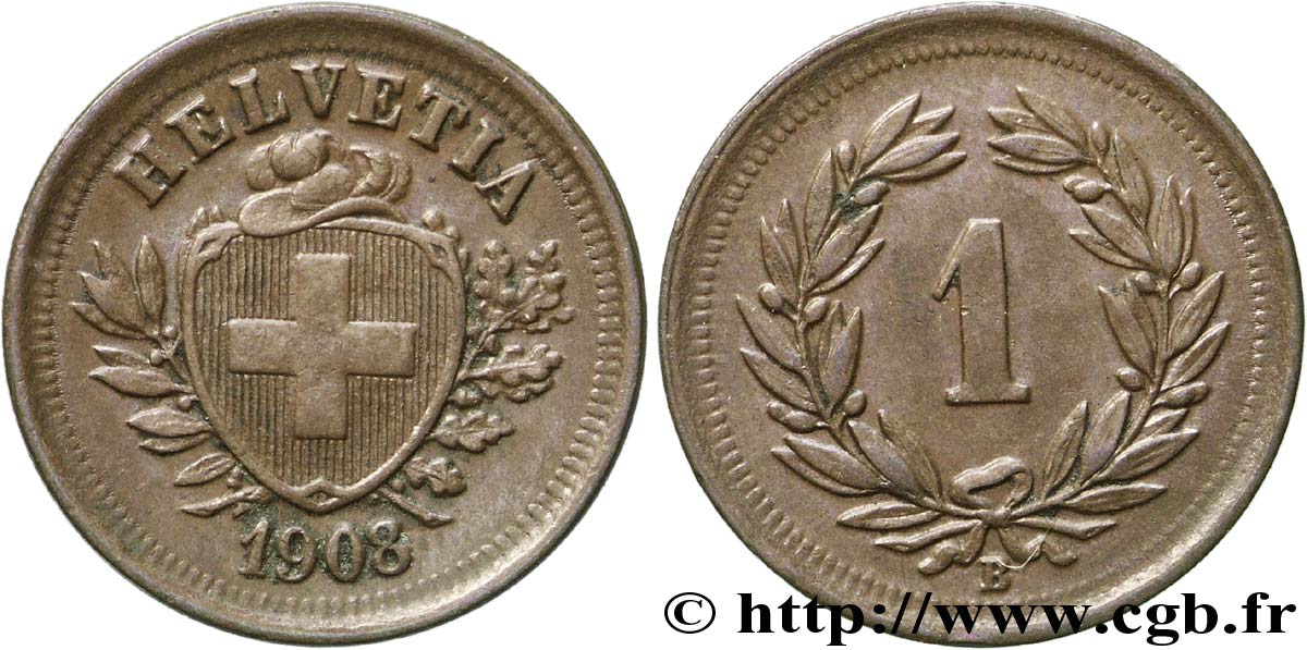 SUIZA 1 Centime Croix Suisse 1908 Berne - B EBC 