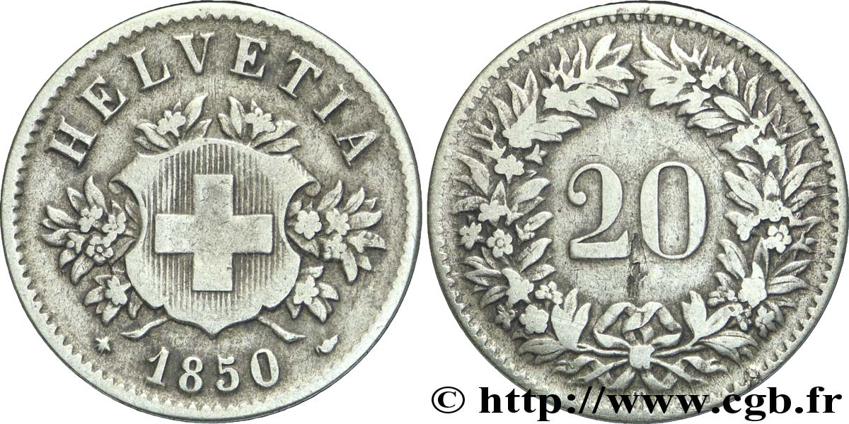 SVIZZERA  20 Centimes (Rappen) croix suisse 1850 Strasbourg - BB q.BB 